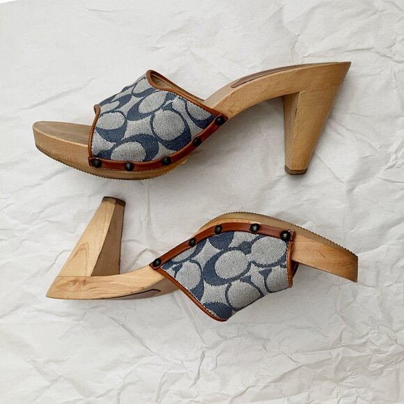Coach Brenda Logo Wooden Platform Heeled Sandals Sz 7 Blue Made in Italy - Picture 12 of 12